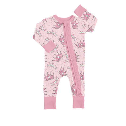 Baby Girls Pink Quenn Long Sleeve Ruffle Zip Rompers preorder(moq 5)