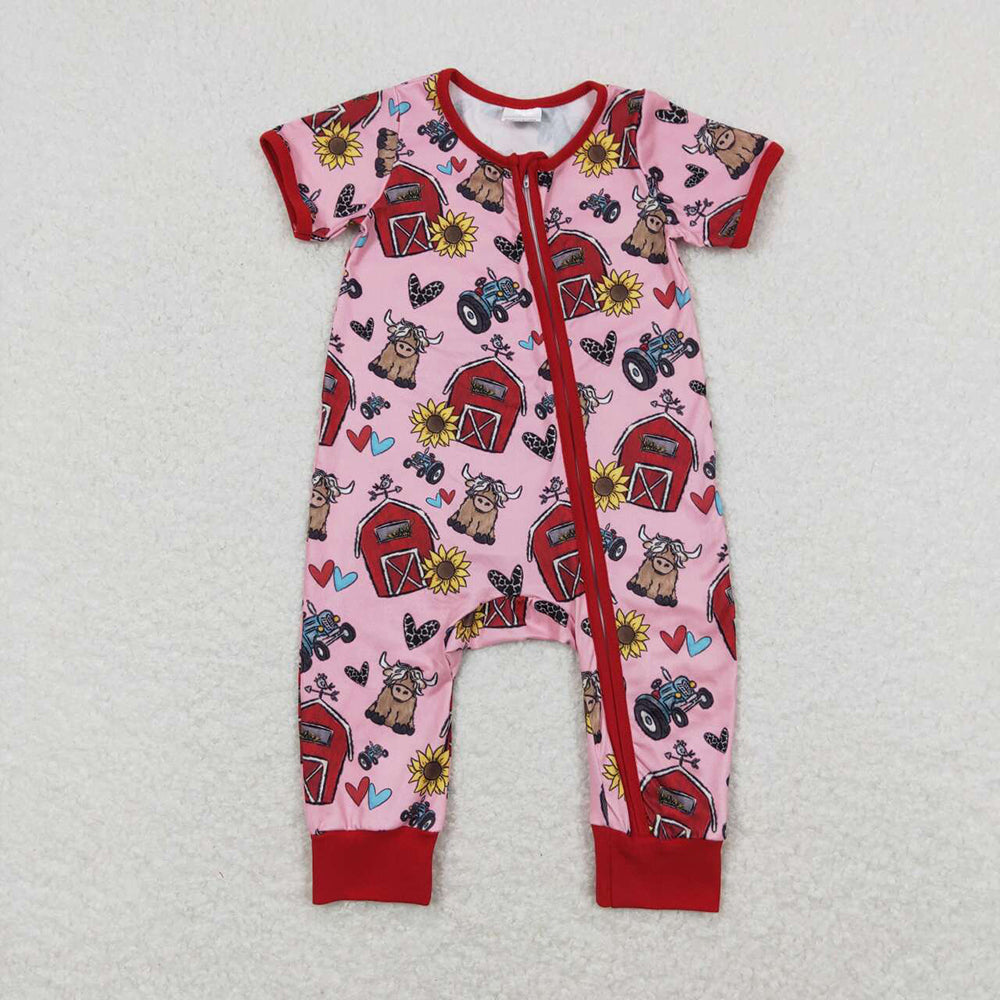 Baby Infant Girls Farm Highland Cow Zip Rompers