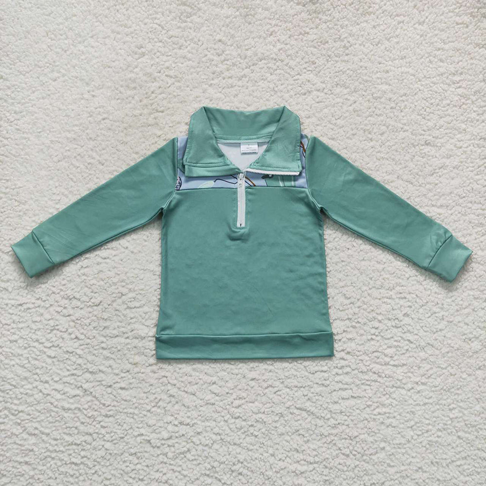 Baby Boys Green Fishing Patchwork Long Sleeve Zip Pullover Tops