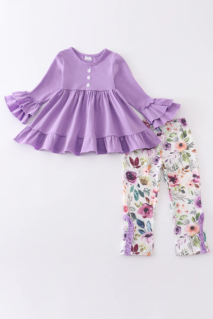 Baby Girls Lavender Ruffle Tunic Tops Flowers Legging Pants Clothes Sets preorder(moq 5)
