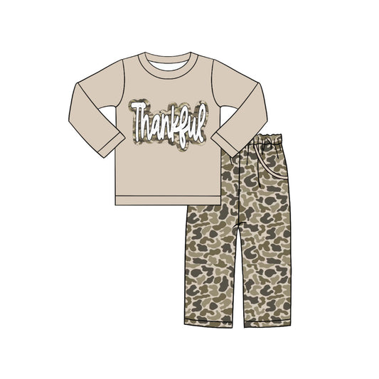 Preorder (moq 5)Baby Boys Long Sleeve Camo Thankful Top Pockets Pants Clothes Sets