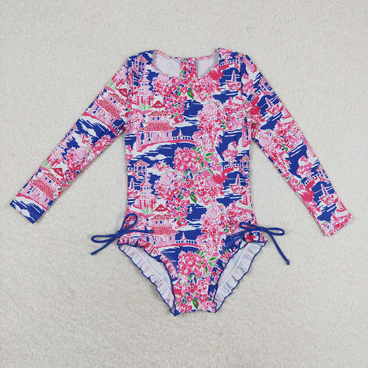 Baby Girls Pavilion Flowers Long Sleeve One Piece Swimsuits