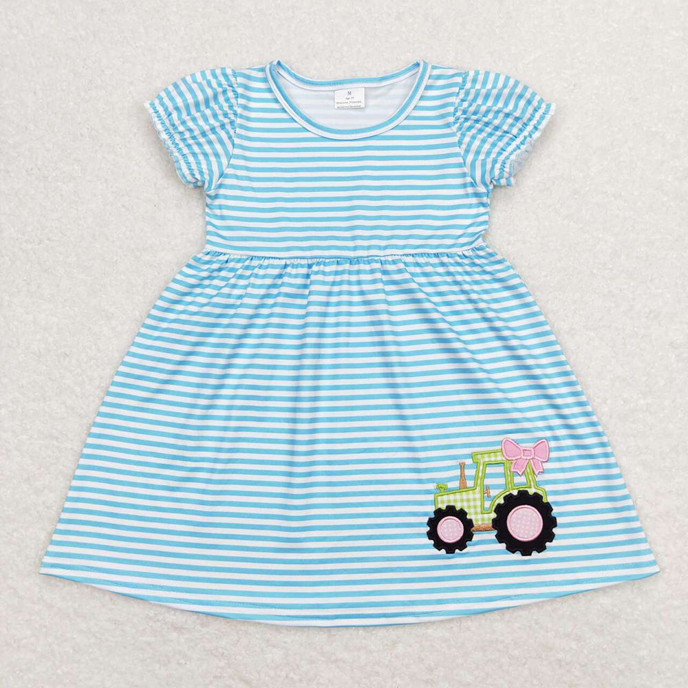 Baby Girls Blue Stripes Tractor Bow Knee Length Dresses