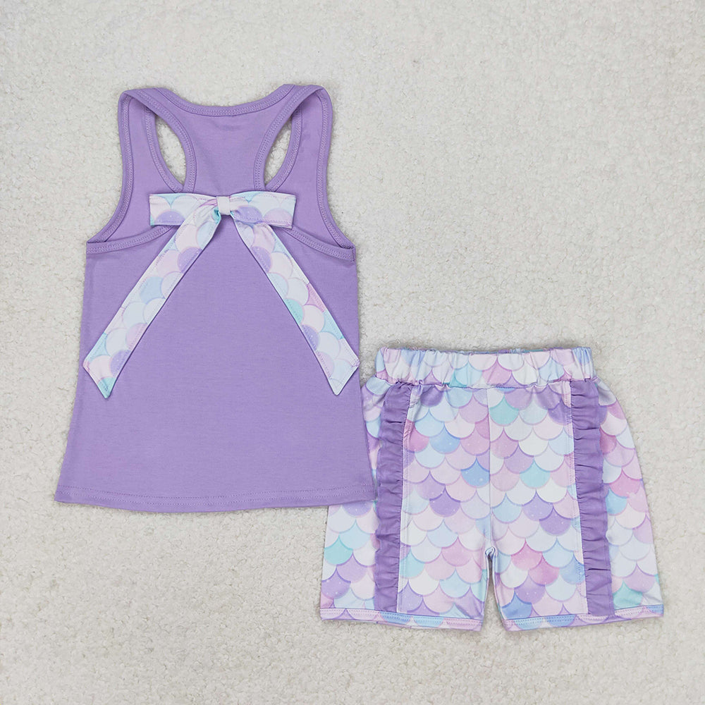 Baby Girls Purple Vest Bows Top Ruffle Floral Shorts Clothes Sets