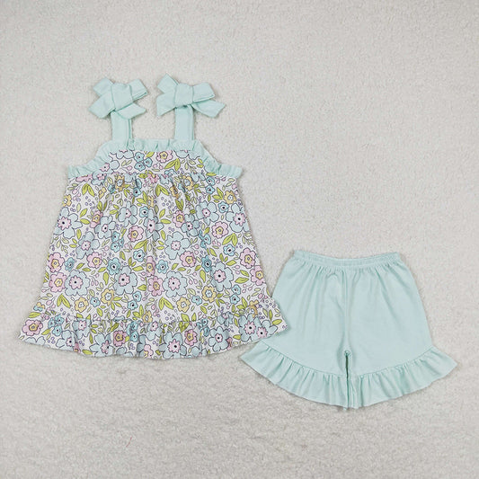 Baby Girls Green Flowers Sibling Rompers Clothes Sets