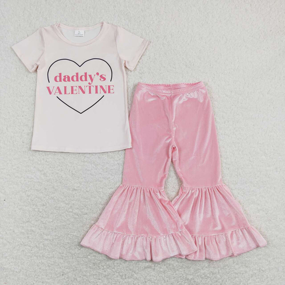 Baby Girls Daddy's Valentines Shirt Top Pink Velvet Bell Pants Clothes Sets