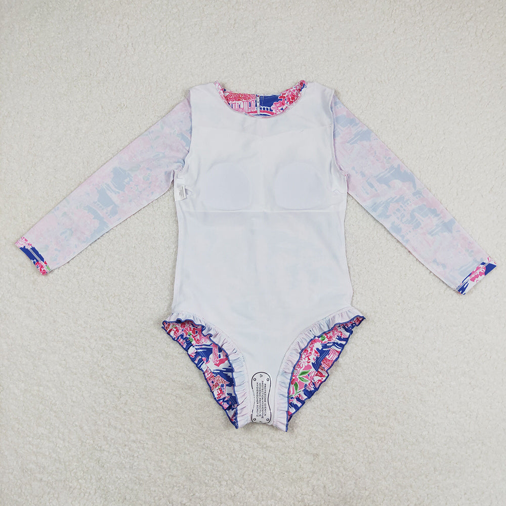 Baby Girls Pavilion Flowers Long Sleeve One Piece Swimsuits