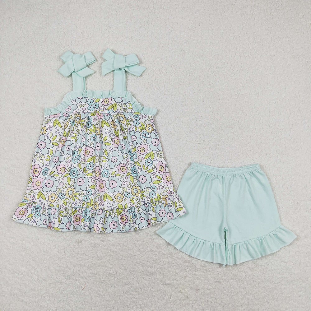 Baby Girls Green Flowers Flutter Sleeve Tunic Ruffle Shorts Clothes Sets