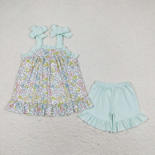 Baby Girls Green Flowers Flutter Sleeve Tunic Ruffle Shorts Clothes Sets