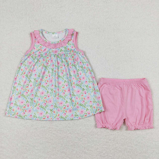 Baby Girls Pink Floral Ruffle Top Ruffle Shorts Outfits Clothes Sets