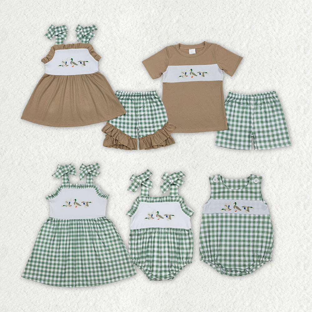 Baby Girls Boys Sibling Ducks Tunic Green Checkered Shorts Rompers Outfits Clothes Sets