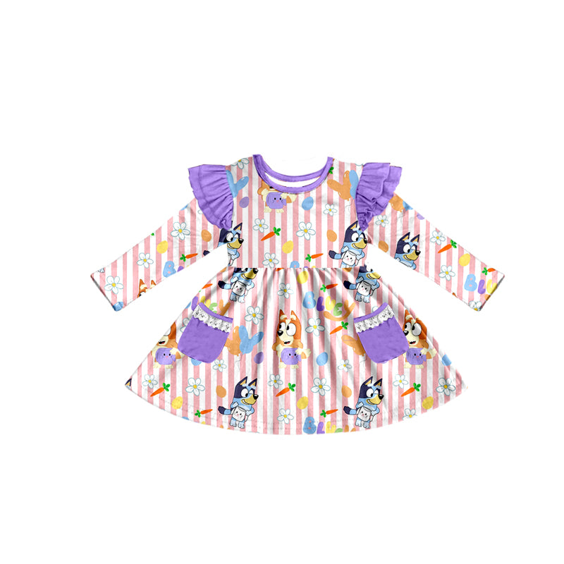 Baby Girls Stripes Easter Dogs Flowers Knee Length Dresses preorder(moq 5)