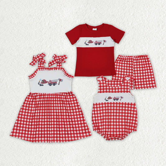 Baby Boys Girls Sibling Fire Truck Red Dresses Outfits Clothes Sets