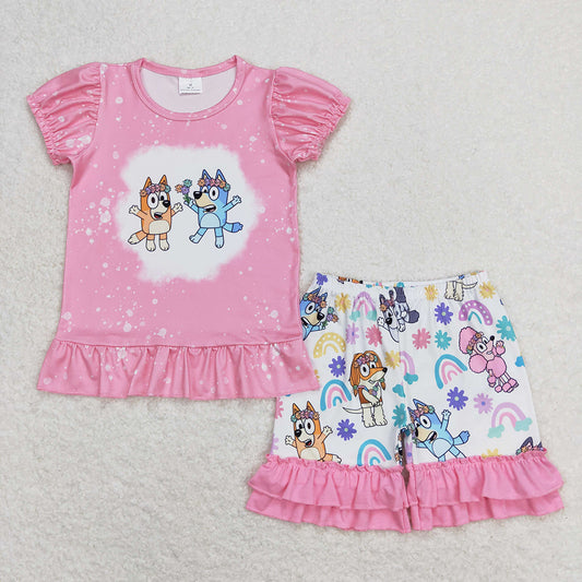 Baby Girls Pink Dogs Flowers Shirt Top Ruffle Shorts Clothes Sets