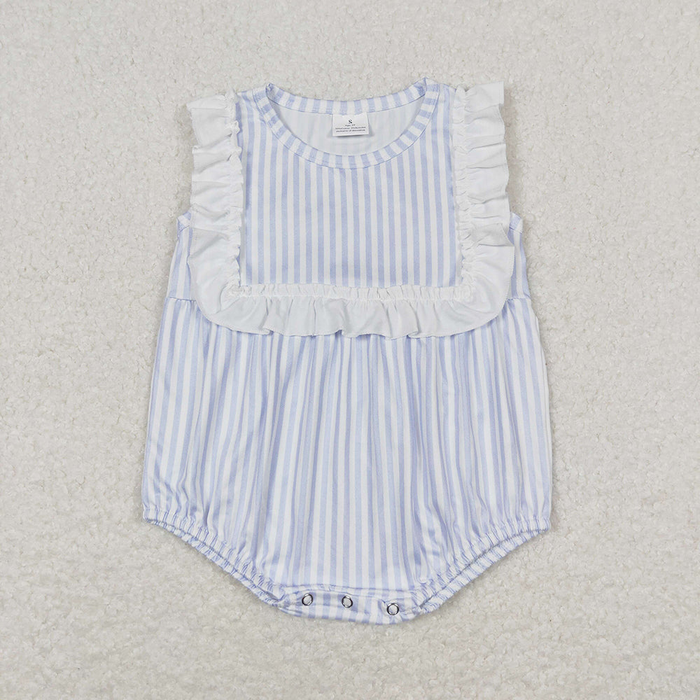 Baby Infant Girls Blue Stripes Ruffle Bib Rompers