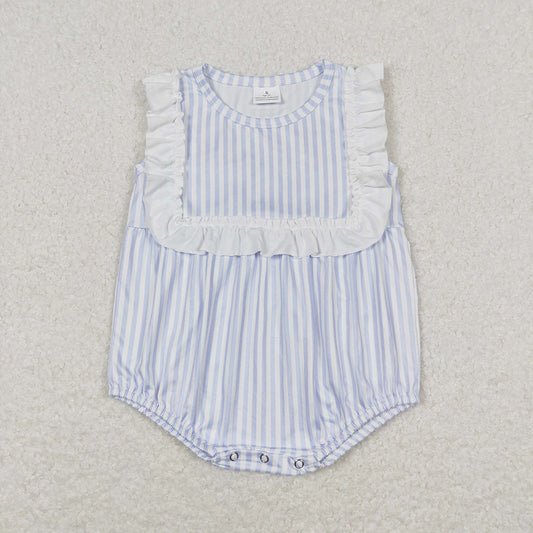 Baby Infant Girls Blue Stripes Ruffle Bib Rompers
