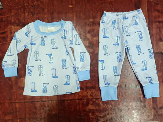 Baby Boys Blue Boots Western Shirt Top Pants Pajamas Clothes Sets preorder(moq 5)