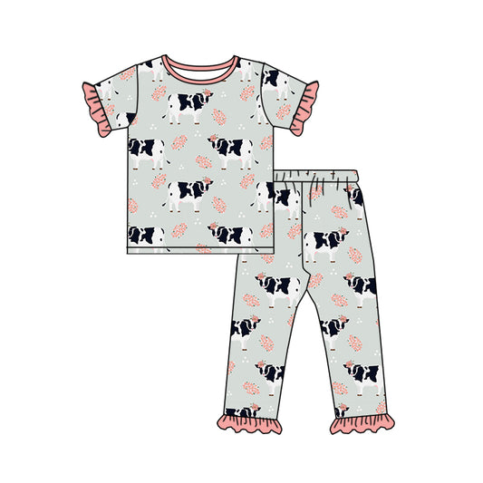 Baby Girls Western Cow Pink Tee Ruffle Pants Pajamas Clothes Sets preorder(moq 5)