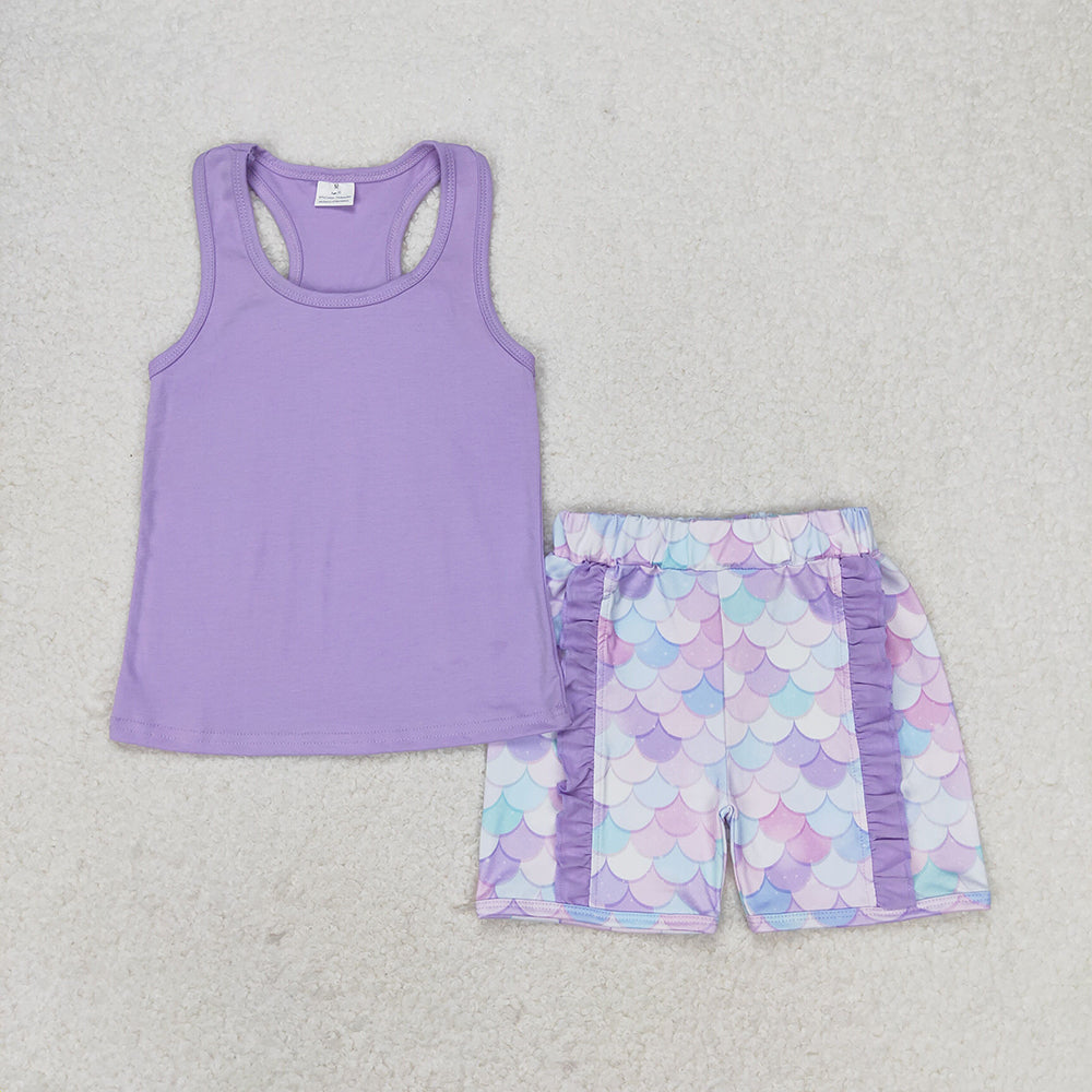 Baby Girls Purple Vest Bows Top Ruffle Floral Shorts Clothes Sets
