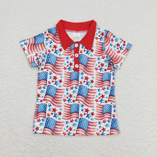 Baby Boys 4th Of July Flags Stars Buttons Short Sleeve Tee Shirts