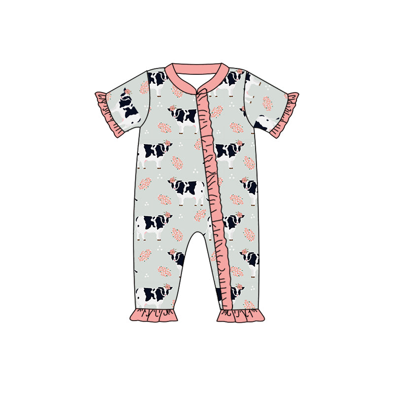 Baby Girls Western Cow Pink Short Sleeve Zip Rompers preorder(moq 5)