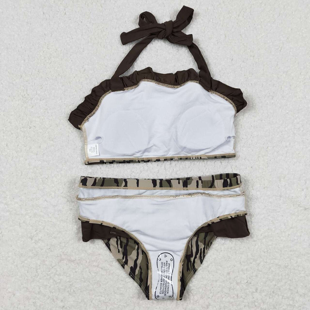 Baby Girls Summer Brown Camo Bunches 2pcs Ruffle Swimsuits