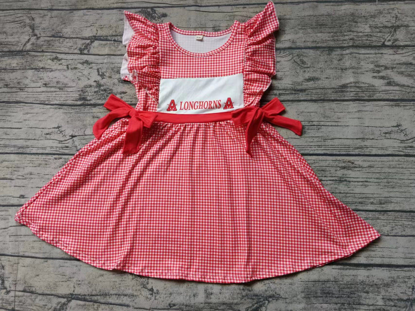 Baby Girls Team Red Checkered Longhorns Knee Length Dresses Preorder(moq 5)