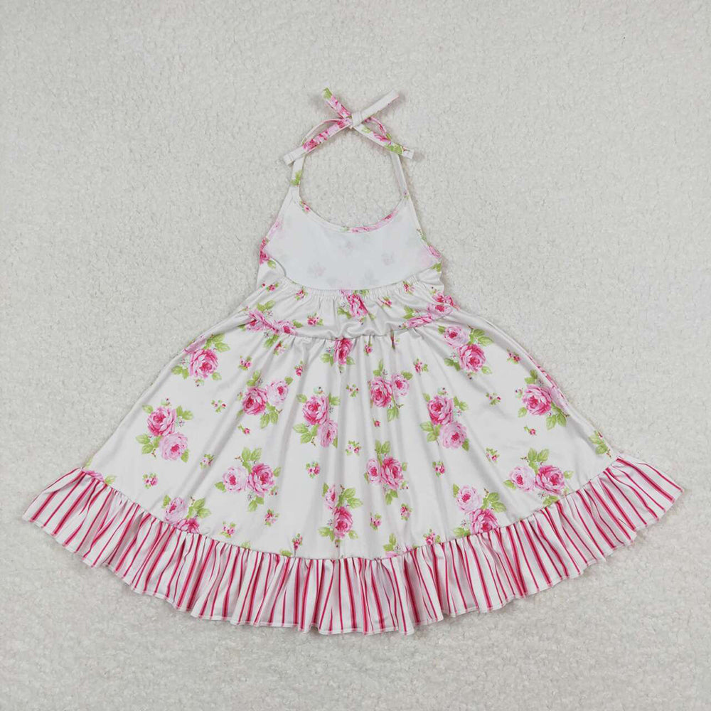 Baby Girls Straps Floral Pink Flowers Ruffle Knee Length Dresses