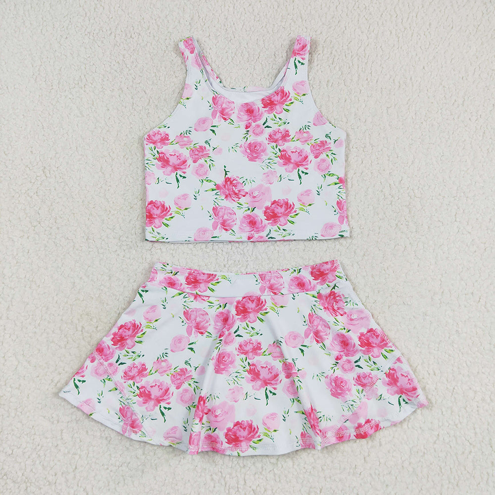 Baby Girls Summer Pink Flowers Top Skirts Active Wear Clothes Sets