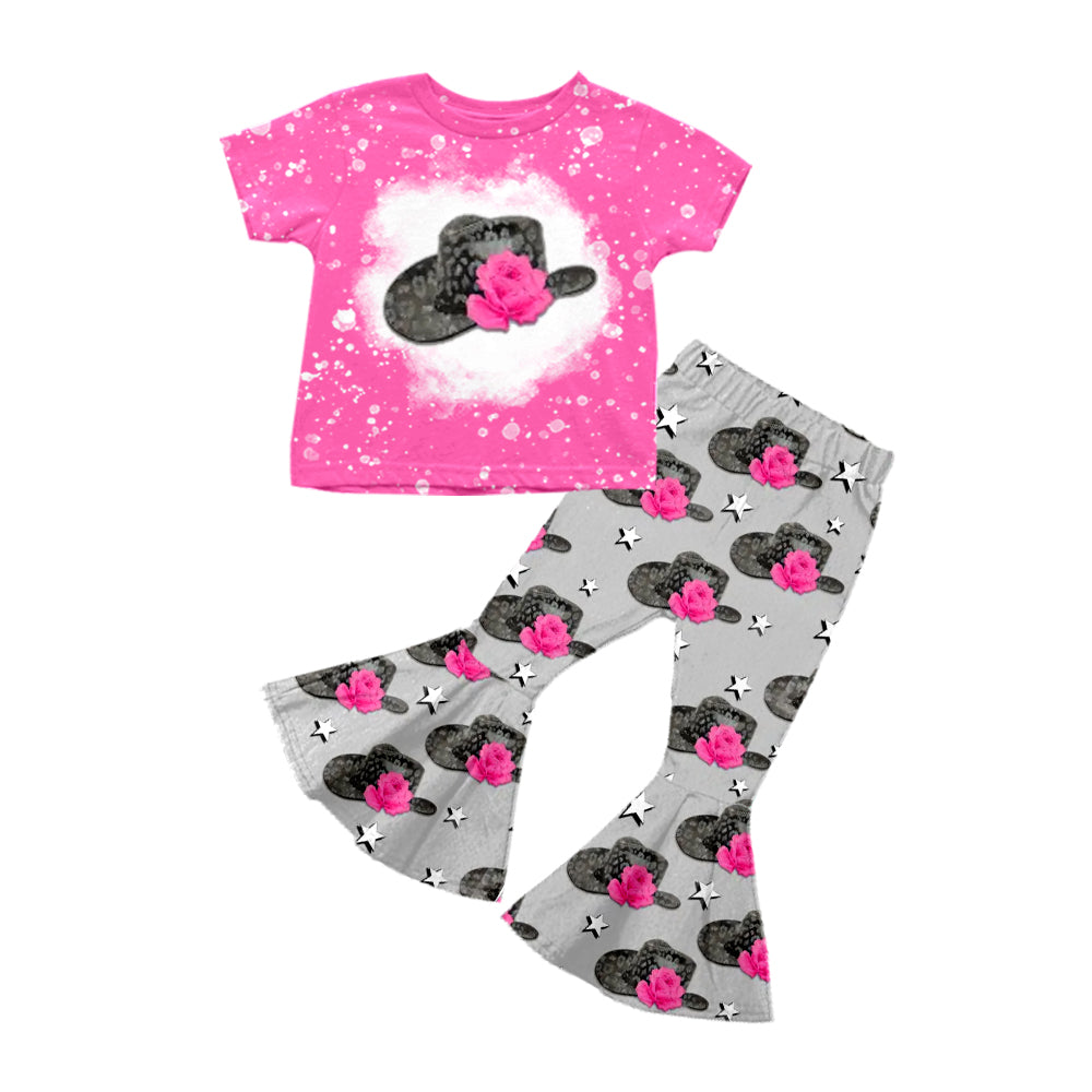 Baby Girls Western Pink Hats Flower Shirt Flare Flowers Pants Clothes Sets preorder(moq 5)
