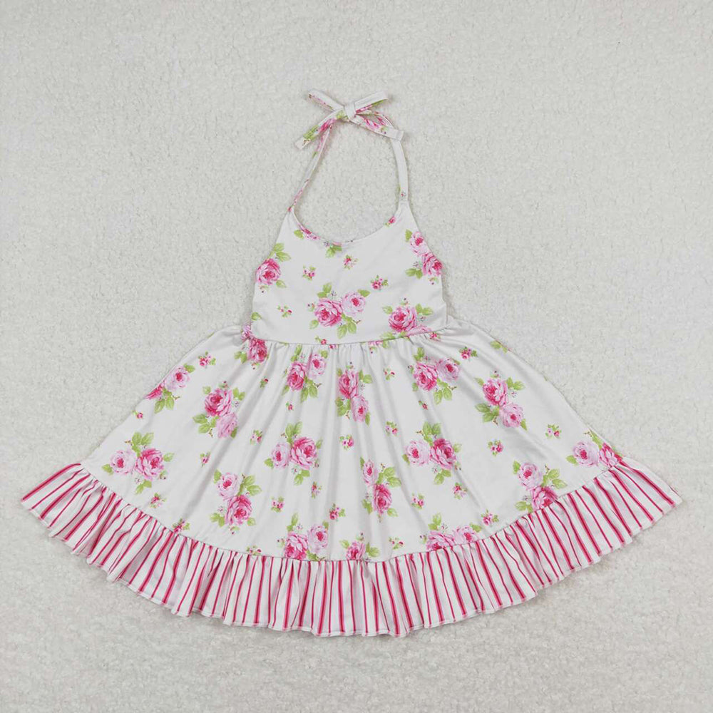 Baby Girls Straps Floral Pink Flowers Ruffle Knee Length Dresses