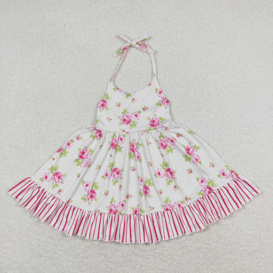 Baby Girls Straps Floral Pink Flowers Ruffle Knee Length Dresses