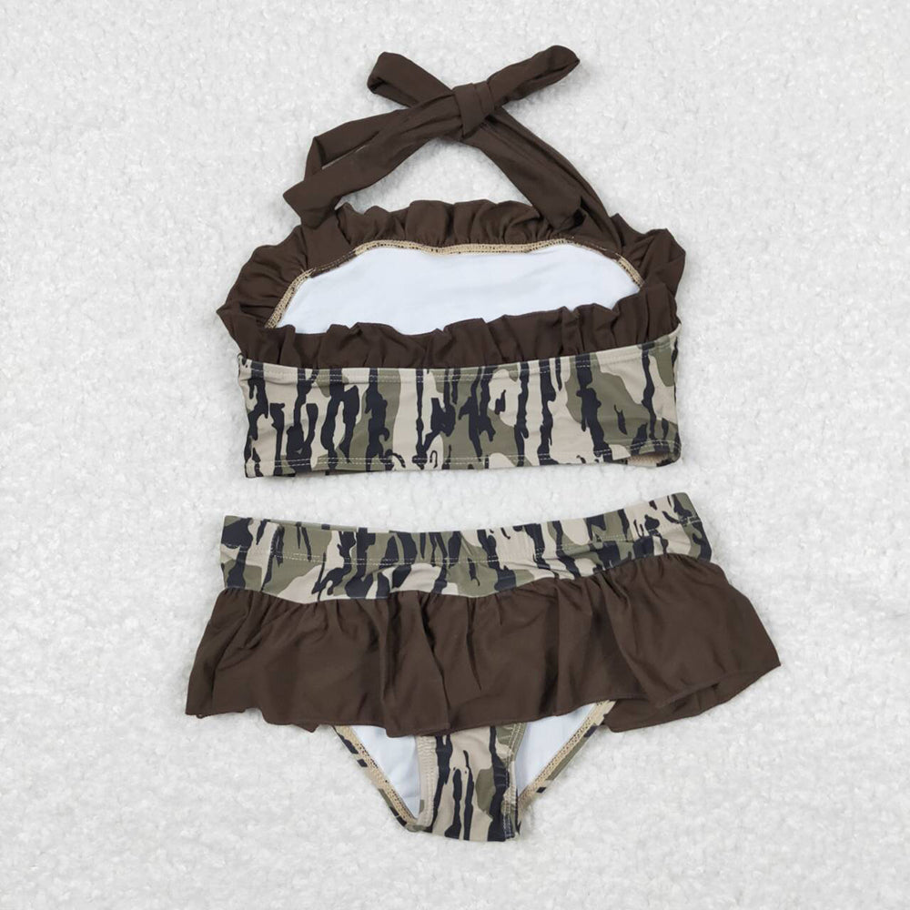 Baby Girls Summer Brown Camo Bunches 2pcs Ruffle Swimsuits