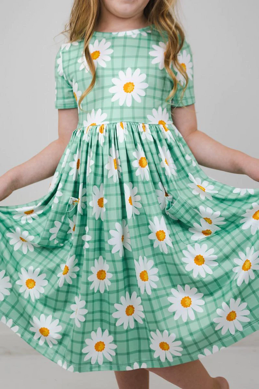 Baby Girls Short Sleeve Flowers Green Knee Length Dresses preorder(moq 5)