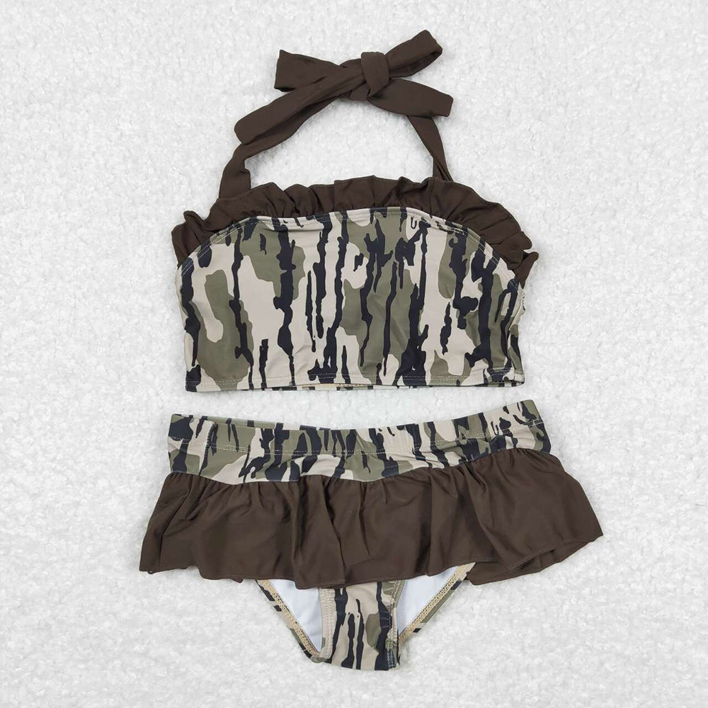 Baby Girls Summer Brown Camo Bunches 2pcs Ruffle Swimsuits