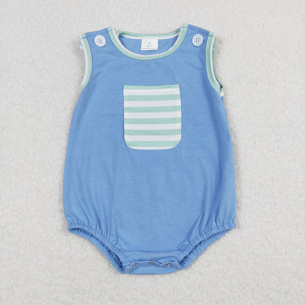 Baby Infant Boys Blue Green Stripes Pocket Summer Sleeveless Rompers