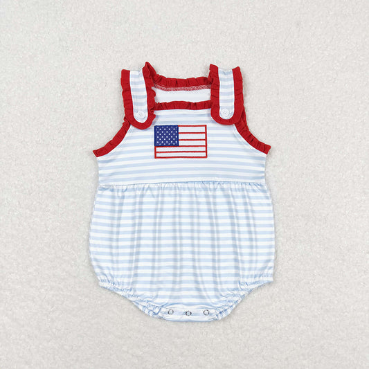 Baby Infant Girls Blue Stripes Flag Ruffle Straps Rompers