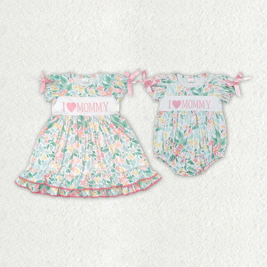 Baby Girls Pink Flowers I Love Mommy Sibling Rompers Dresses