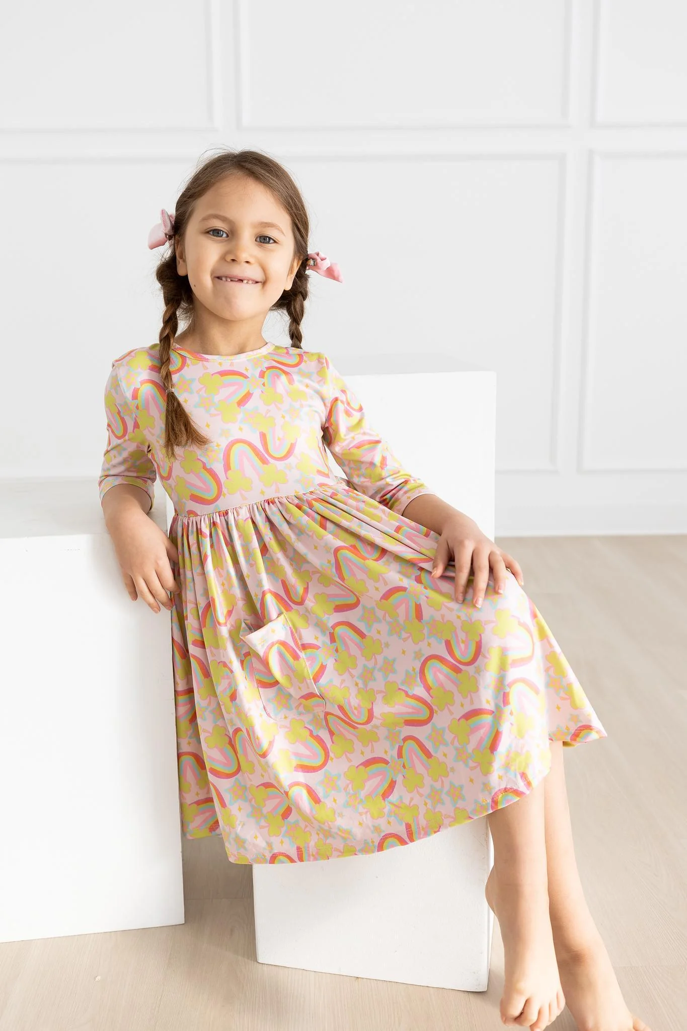 Baby Girls Long Sleeve Rainbow Pockets Knee Length Dresses preorder(moq 5)