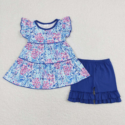 Baby Girls Blue Flowers Tunic Shorts Summer Clothes Sets