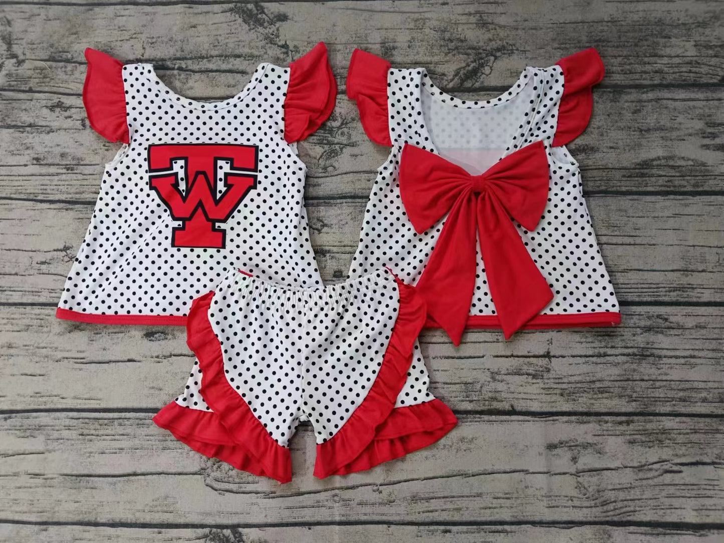 Baby Girls Team TW Red Bow Tunic Ruffle Shorts Clothes Sets Preorder(moq 5)