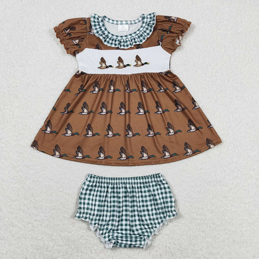 Baby Girls Ducks Green Checkered Tunic Top Bummies Clothes Sets
