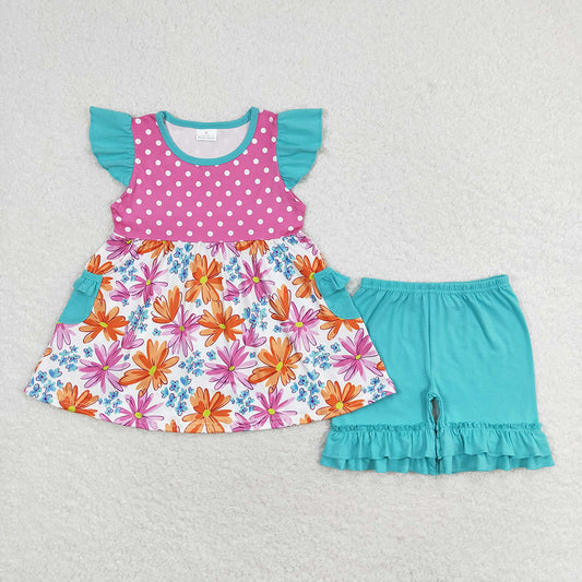 Baby Girls Dots Flowers Tunic Top Ruffle Shorts Clothes Sets