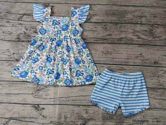 Baby Girls Blue Flowers Tunic Stripes Shorts Clothes Sets Preorder(moq 5)