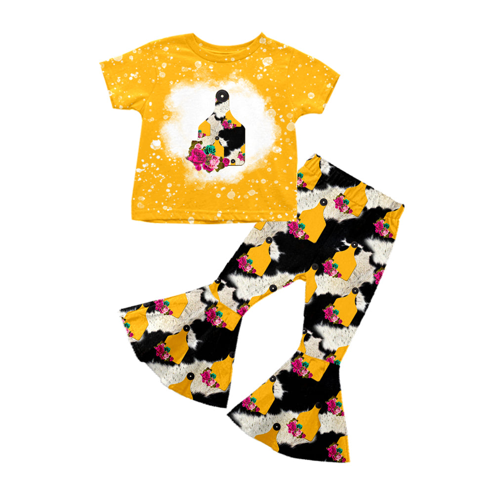 Baby Girls Western Cow Tag Shirt Flare Flowers Pants Clothes Sets preorder(moq 5)