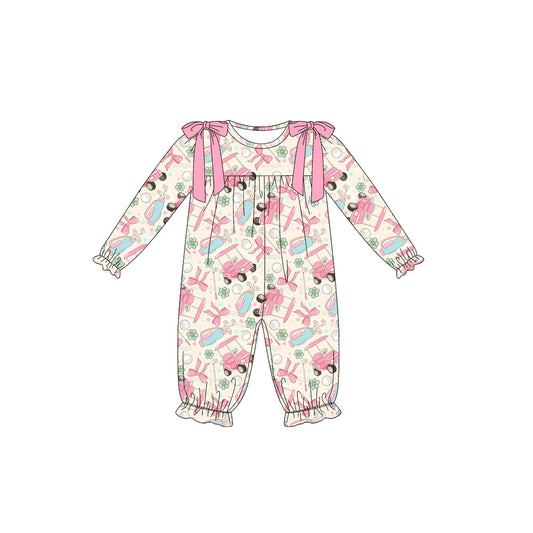 Preorder moq 5 Baby Girls Long Ruffle Sleeves Pink Golf Flowers Pant Rompers