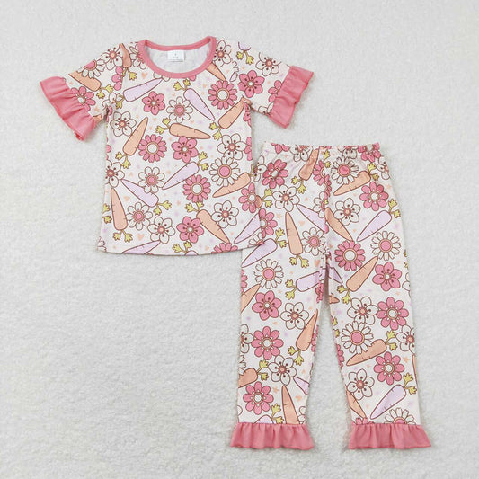 Baby Girls Easter Carrot Flowers Short Sleeve Top Pants Pajamas Clothes Sets