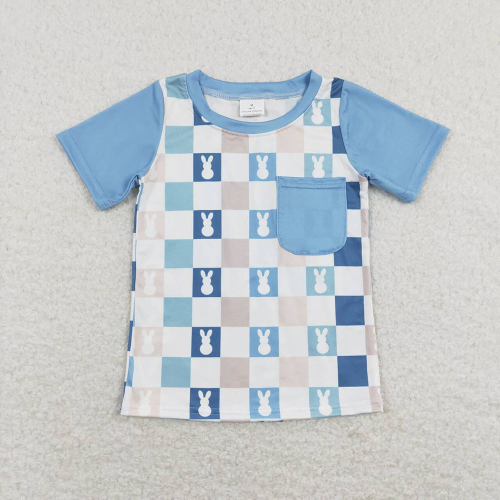 Baby Boys Blue Checkered Rabbits Pocket Short Sleeve Tee Shirts Tops