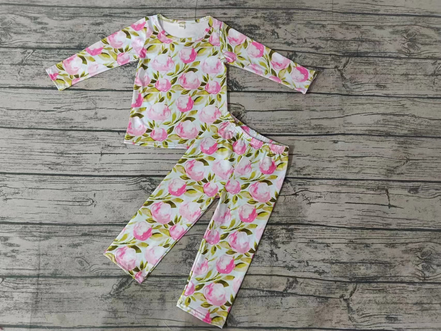 Baby Girls Pink Flowers Shirt Top Legging Pajamas Clothes Sets preorder (moq 5)