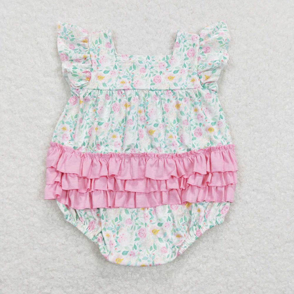 Baby Infant Girls Pink Flowers Ruffles Rompers